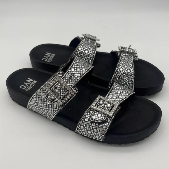 madden NYC Shoes - Madden NYC 11 Black Silver Bling Rhinestone Buckle Slip On Slides Sandals Shoes
